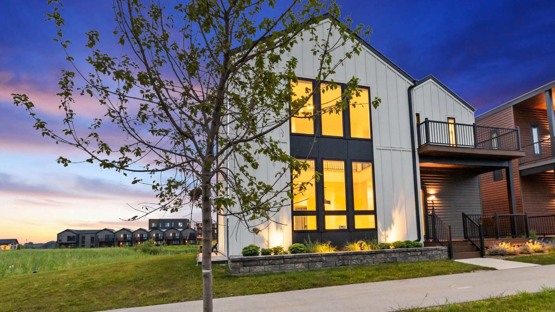 Lakeshore Commons new home exterior at dusk